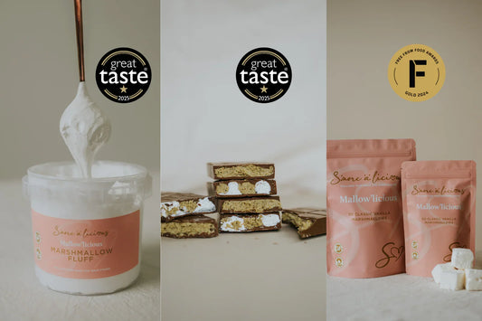 Three product images with 'Great Taste' and Gold award logos, featuring marshmallow fluff, chocolate and marshmallow and packages.